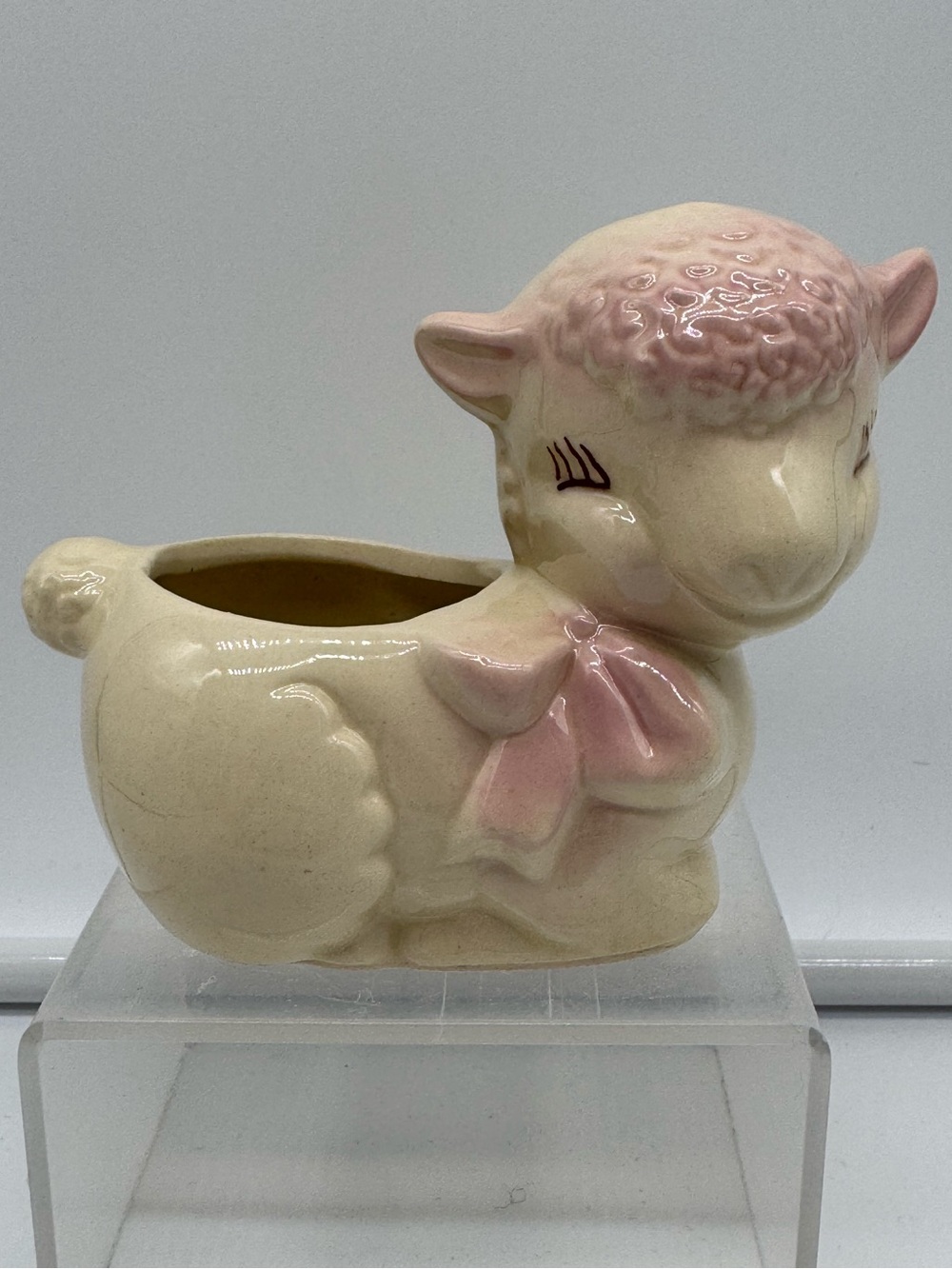 Vintage Ceramic Sleeping Lamb Planter Pink Bow Sheep Nursery Decor